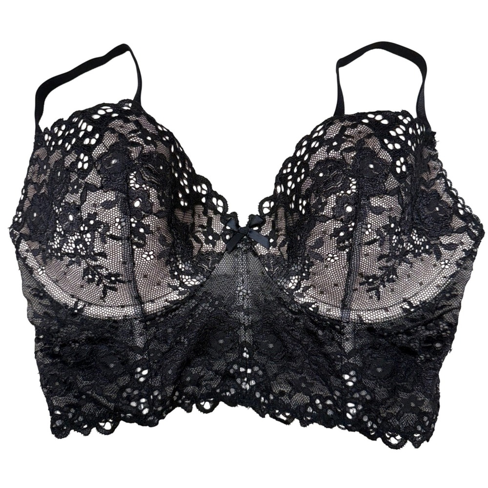 Victorias Secret Black Floral Lace Longline Bra 34D Underwire Padded Bustier Top